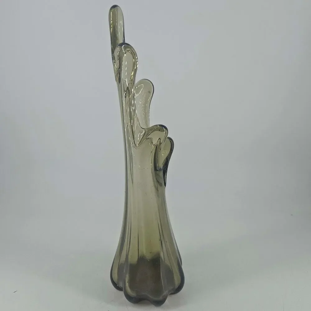 Vintage hand blown gray smoke Art Glass Swung Vase 5 finger 11